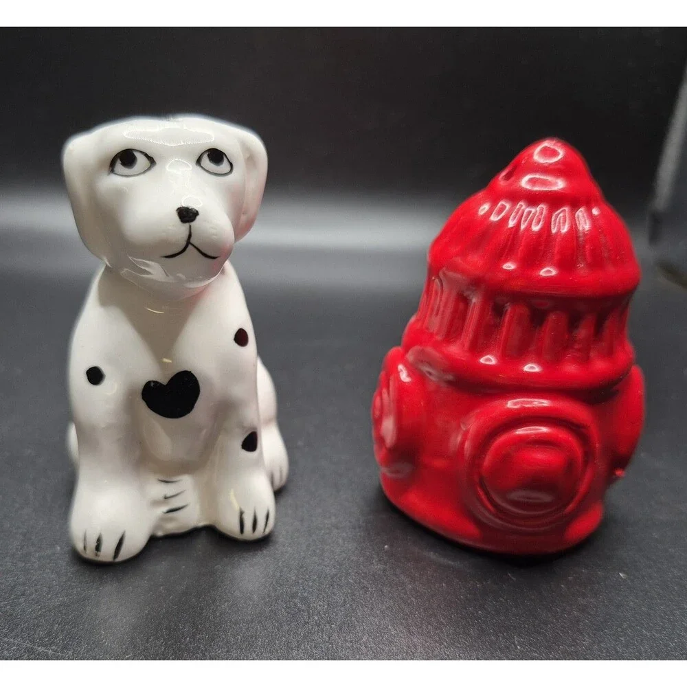 Vintage Salt & Pepper Shakers Figural Dalmation Dog + Fire Hydrant FireFighter